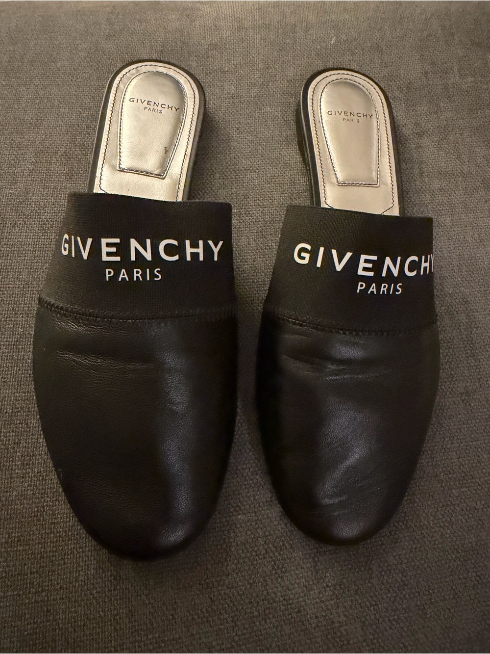 Givenchy Black Leather Logo Slide Mules with White Branding